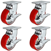 Casterhq 5"x2" Heavy Duty Swivel Caster, Red Polyurethane on Steel, PK4 MD5X2PISR-SET